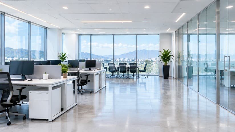 A finished open-plan office with polished floors, clear glass partitions and tidy desks