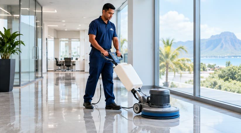 A cleaner running a floor-care machine along a polished marble office corridor