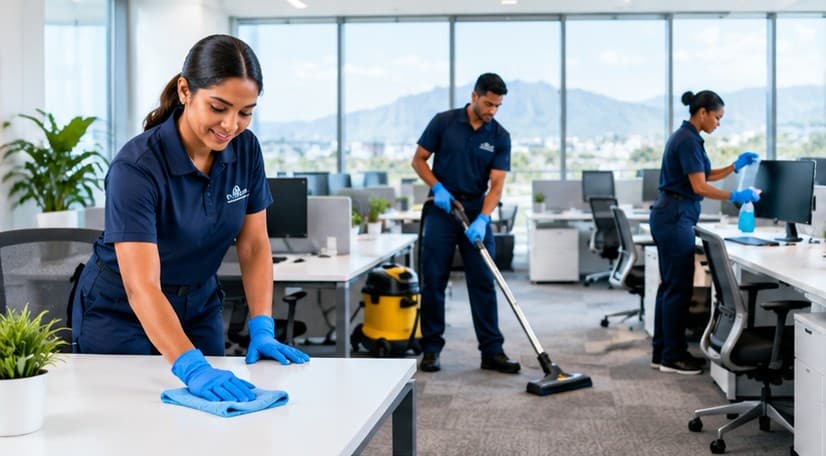 Three cleaners in navy uniforms and blue gloves wiping a desk, vacuuming and sanitising workstations in an open-plan office