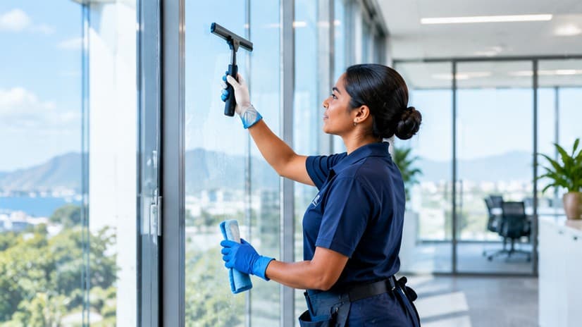 A cleaner squeegeeing a tall office window with a view of the mountains